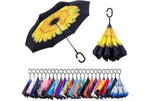 CICILIAYA Double Layer Folding Inverted Umbrella, Self Stand Upside-down Rain Protection Car Reverse Umbrellas with C-shaped Handle Big Straight Umbrella