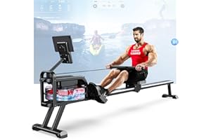 WENOKER Foldable Water Rowing Machine Wooden with LCD Monitor, Bluetooth Compatible, Easy Assembly for Home Gym Workouts