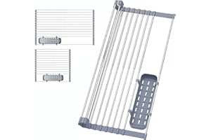 sunlight encounter Scolapiatti da Appoggio, Grande Scolapiatti Estensibile Arrotolabile Fino a 58 cm con Cestini Portaoggetti, Scolapiatti Arrotolabile Sopra il Lavandino, Pieghevole, Arrotolabile