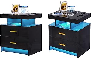 ‎LVIFUR Lvifur 2X Nachttisch Led Licht,Smart NachtschrankMenschliche Sensorfunktion mit 2 Schublade,Hochglanz Nachtkommode mit USB&Type-C Laden, Kabelloses Laden Nachttisch 3 Farblicht dimmbar,Schwarz