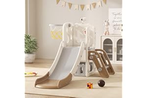 VUECER Rutsche mit Klettergerüst für Kinder: Indoor Spielplatz mit - Aufbewahrungsbox Tunnel Treppenleiter Basketballkorb und Durchgangsbereich Gartenrutsche (Elf-A-Brown)