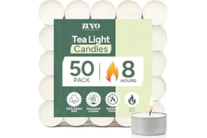 Zuvo 8-Hour Unscented Tea Light Candles (50-Pack) - Long-Lasting with Cotton Wicks, Clean Burning, 3.8 x 2.3 cm, White