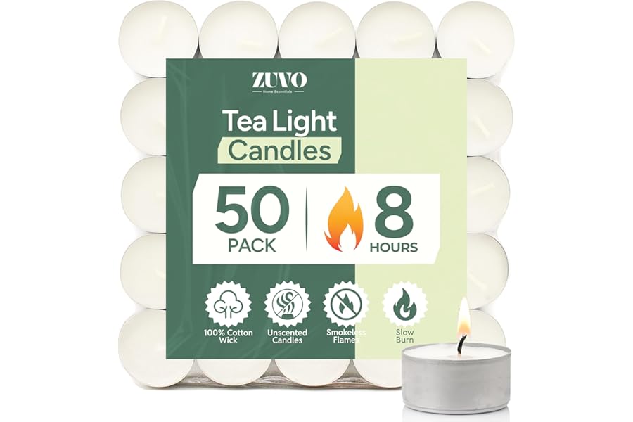Zuvo 8-Hour Unscented Tea Light Candles (50-Pack) - Long-Lasting with Cotton Wicks, Clean Burning, 3.8 x 2.3 cm, White