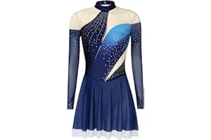 Oyolan Femme Robe Patinage Artistique Danse Justaucorps Manches Longues Strass Robe Danse sur Glace Body Gymnastique Couleur Dégradée