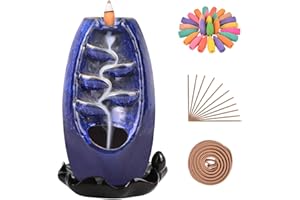SOLEJAZZ Backflow Incense Burner Waterfall Ceramic Incense Holder with 120 Incense Cones + 30 Incense Sticks for Home Office Yoga Aromatcherapy Ornamen,Navy