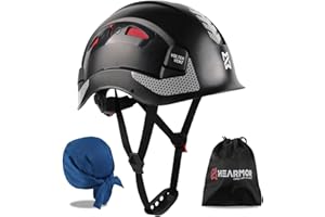 HEARMOR Casque de Protection de Chantier certifié EN397 en ABS réglable avec système à cliquet à 6 Points, avec Doublure de Refroidissement et Sac de Transport – Convient pour Tous Les lieux de