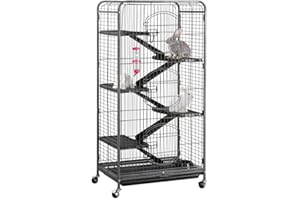 Yaheetech Gabbia per Coniglio Nano da Interno Esterno a 5 Ripiani Animali Domestici Grande in Metallo con 4 Rotelle Orientabili 64 x 43 x 131 cm Nera