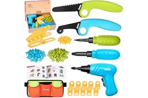 ZLemma Kids Cardboard Tool Kit- 258 Piece Cardboard Construction Toolbox – with Drill, Safety Saw, Scorer, Hinges & Bolt, Portable Waist Bag, Gift Box for Creative DIY Projects