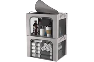 FUSACONY Clothes Storage Boxes, 2 Pcs Closet Organizers and Storage, Foldable Clothes Storage Box with Double Opening Zips and Three Clear Windows for Blankets,Bedding,Comforters, Grey (100L)