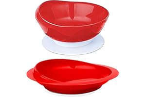 BodyHealt Spill Proof Scoop Plate and Bowl with Suction Base, Adaptive Self-Feeding Dinnerware for Elderly and Disabled, Parkinsons Aids for Living (Red)