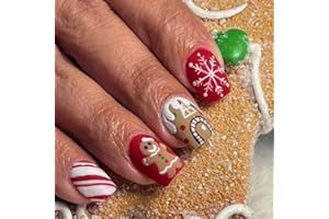 Ceboic 24 szt. Boże Narodzenie Press on Pails krótkie, prostokątne, sztuczne paznokcie akrylowe, francuskie paznokcie do naklejenia, wzór z piernika, płatki śniegu, pełne pokrycie, sztuczne paznokcie