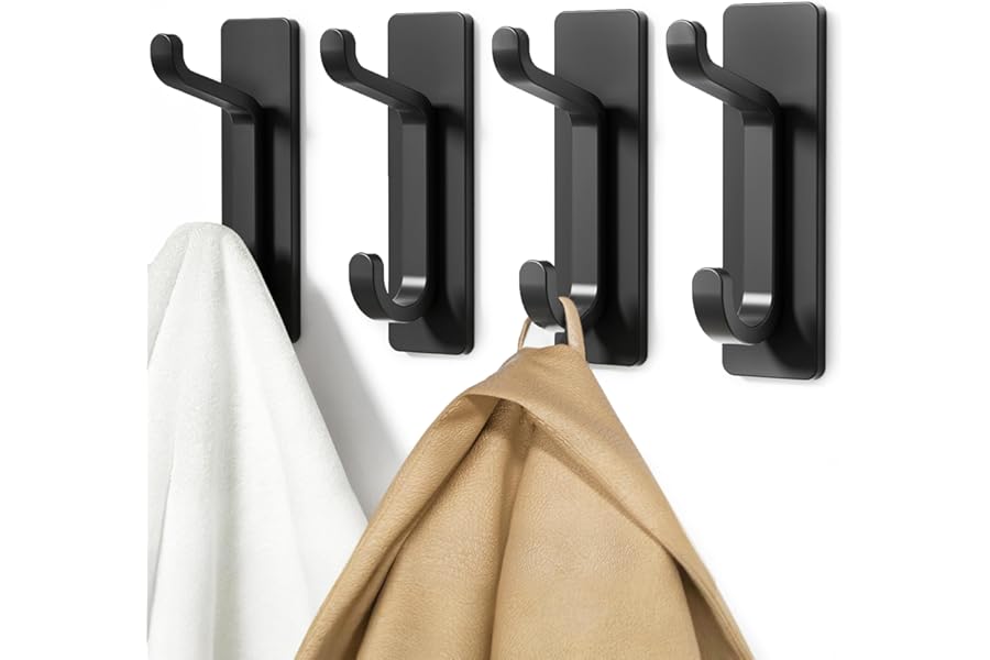 Self Adhesive Hooks, Extra Sticky and Strong, Hanging up to 6KG, Heavy Duty Stick on, No-Nail Hook for Back of Door, Black, 4 Pack