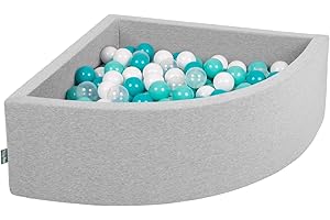 KiddyMoon Viertel Eckig Bällebad Bällepool 90X30cm/300 Bälle ∅ 7Cm Ballgruben Für Babys Spielbad Kleinkinder, Hergestellt In Der EU, Hellgrau:Helltürkis/Weiß/Transparent/Türkis