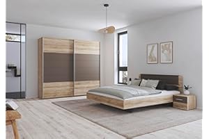 Rauch Möbel Barcelona - Camera da letto in rovere Sanremo chiaro/grigio lava, composto da letto con superficie di appoggio 160 x 200 cm, con 2 comodini e armadietto con ante sospese, 226 x 210 x 62 cm