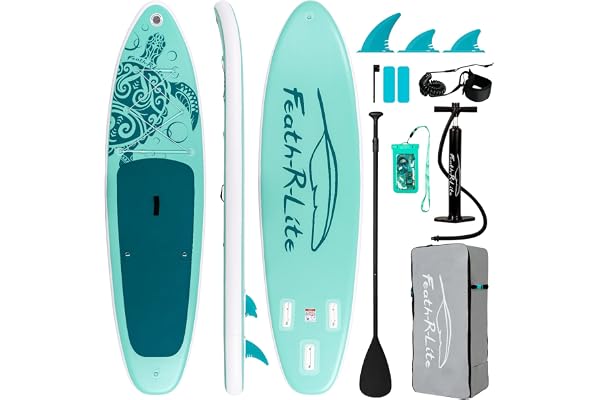 Feath-R-Lite Uppblåsbar stående paddle board surfbräda SUP komplett uppblåsbara paddleboard tillbehör justerbar paddling, pump, ISUP resa ryggsäck, läder, vattentät väska, 320 x 76 x 15 cm