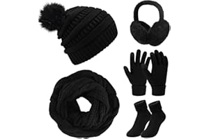 Vijamiy Packs Bonnet Écharpe Gants 5 en 1 Bonnet Hiver Pompon Echarpe Tricotés Gants Tactiles Cache-Oreilles Extensible Chaussettes Chaud avec Doublure Polaire pour Femme