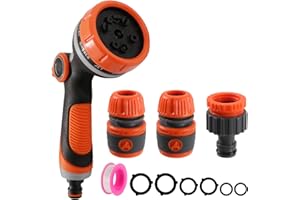 CAKKVDE Heavy Duty Garden Hose Spray Nozzle with Adjustable Water Patterns - High Pressure Hose Nozzle Gun for Watering Plants, Lawn Care, Car Washing & Pet Bathing - Includes Tap Connectors & Fittings Set