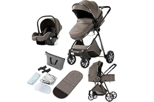 Reenborn Carrito Bebe 3 en 1, Carro Bebe con Dos Modos de Empuje Reversibles, Cochecito Bebe 3 Piezas con Marco de Aluminio, Carricoche Bebe con Diseño Plegable con Un Solo Clic (V9 Chocolate)
