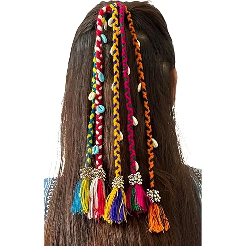 Generic 5 PCS Navratri Look Hair Braids with Rubber Bands Girl and Women, Hair Accessory for Everyday Style and Rainbow Color Braids Extensions Hair Color | Boho Chic Style (Multicolour)