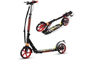 GYMAX Monopattino Pieghevole in Alluminio, Scooter con Manubri Regolabili in Altezza, Ruote Grandi, Paraspruzzi, Adesivi Riflettenti e Campanello, Ideale per Adulti o Ragazzi, Portata 100 kg