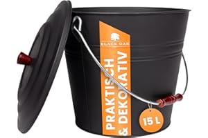 BLACK OAK Ascheeimer KATLA 15L – schwarz Deckel mit Holzknopf - groß 15 Liter - Stahl feuerfest verzinkt & pulverbeschichtet Asche & Kohle Eimer ideales Zubehör für Kamin Kachelofen Holzofen
