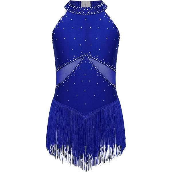 Justaucorps Danse Latine Fille Avec Franges - Strass Et Maille Nude - Tango Samba Rumba