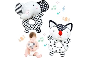 Funsland Sonajeros Juguetes Bebe 3 6 9 12 Meses, 2 Piezas Blanco y Negro Sensoriales Sonajero Peluche Juguete para Bebé, Juguetes de Animales Suaves para Bebé, Regalos para Bebes 0+ Meses