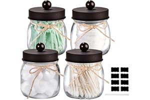 Aiuuee Lot de 4 Boite Coton Tige, Boîtes Rangement Coton Verre avec Couvercle, Distributeur Coton Tige Porte Cotons Démaquillants, Boîtes et Flacons de Salle de Bain(Noir)