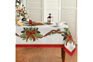 Artoid Mode Poinsettie Wstążka, kwiaty, liście, kokardki, obrus na Boże Narodzenie, 140 x 110 cm, zimowa ochrona przed plamami, obrus kuchenny, dekoracja na imprezę