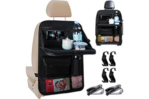 Yuragim Car Seat Organiser, Car Organiser Back Seat with Foldable Table, Waterproof Multifunctional Backrest Protection, Car Children Back Seat Organiser with Transparent iPad/Tablet Bag & 2 Hooks