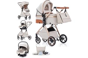 Gcarebb 3 in 1 Kinderwagen Reisesystem, Buggy mit höhenverstellbarem Griff, Reisewagen mit Regenschutz, Baby-Kinderwagen mit Aluminiumrahmen für Neugeborene