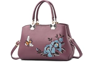 FOLOVEYA Elegant Women Handbags Flowers Embroidery Ladies Small Top Handle Bag PU Leather Crossbody Bag Satchel Shoulder Bags for Shopping Travel Work Dating Purple A