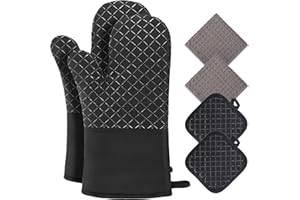 Philorn Oven Gloves Waterproof Heat Resistant 260℃ Silicone Glove Extra Long Oven Mitts and Potholders with Non-Slip Silicone Surface for Baking, Cooking, BBQ (Cross Black)