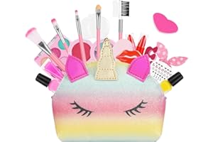 Aomig Zestaw do makijażu dla dzieci, nadaje się do prania, zestaw do makijażu z jednorożcem, kolorowa torebka, nietoksyczne kosmetyki dla dzieci, 20 szt., zestaw do makijażu księżniczki, Boże