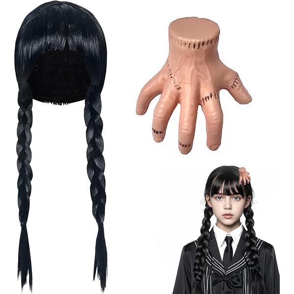Perruque Mercredi Addams Noire Tressée - Cosplay, Halloween, Fête - Longueur 50cm