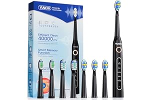 YUNCHI Brosse à dents électrique pour adultes et enfants, brosse à dents sonique rechargeable avec 8 têtes de brosse, 40 000 VPM, 5 modes de nettoyage (noir, M)