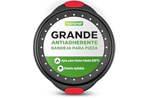 NutriChef Bandeja pizza horno, Mango de silicona, Sartén redonda antiadherente, Acero con agujeros perforados