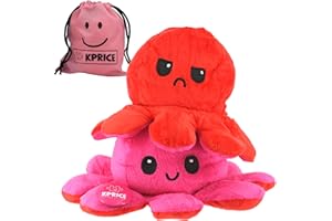 KPRICE® Pieuvre Peluche Réversible 20cm - Poulpe Peluche Mignonne - Octopus Poulpy Emotion - Bi Color - Poulpie Poulpi - Doudou Bebe - Réversible - Peluche Humeur Content (Rose/Rouge)