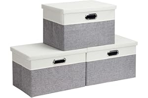 Febzoce Aufbewahrungsbox mit Deckel Extra Groß Faltbarer Stoff Aufbewahrungswürfel Korb Mülleimer Organizer Hellgrau/Weiß, Extra Groß, 44 x 31 x 29 cm, 3 Stück