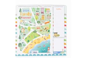 EVELAY Calendrier familial 2026 à 5 colonnes, organiseur mural, liste de courses et bloc-notes