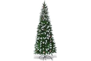 COSTWAY Albero di Natale Innevato 180/220 cm, Albero di Natale Slim con Pigne, Base di Metallo e Rami Rigogliosi in PVC, Ideale per Casa, Ufficio e Negozio (180 cm)