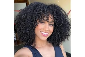 PORSMEER Lockige Afro Perücke Schwarze Natürliche Kunsthaar mit Pony für Frauen Schulterlänge Afro Kinky Curly Bob Wig Volume für Schwarze Damen,14 Zoll Black