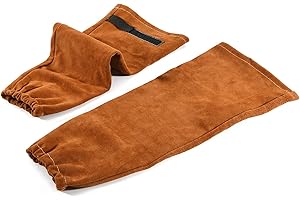 QeeLink Mangas de Soldador de Cuero de la Vaca para Hombre y Mujer, Forro Antiadherente, Mangas Protectoras de Brazos Resistentes al Calor e Ignífugas para Soldadura Jardinería (Brown Large)
