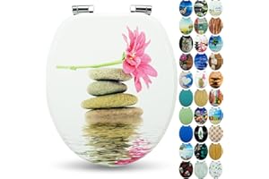 Sanfino® Premio Sedile WC ammortizzato - Copriwater Universale di alta qualità in legno, tanti motivi colorati, seduta comoda, facile da montare con istruzioni di montaggio incluse - "Gerbera"