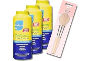 BRAYN Medipure Medicated Body Powder 3 Pack & Powder Brush Set: 100% Talc-Free, All-Natural Skin Protection and Soothing Relief for Itchy, Irritated Skin – Gentle, Cooling, and Absorbent Formula