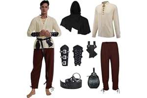 MVFEUIJ Disfraz medieval renacentista para hombre, disfraz de vikingo, camisa con cordones, pantalones con accesorios, disfraz de Halloween para cosplay, mascarada, magos