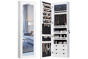 COSTWAY Smyckeskåp med LED-belysning, 6 lådor och spegel, hängande spegelskåp, väggskåp för montering på dörr eller vägg, låsbart (vitt)