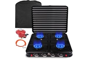 QDRECLOD Fornelli da Campeggio a Gas 4 fuochi Cucina a Gas Portatile Fornellini da Campeggio Struttura in Acciaio inox, Consumo 8.8 kW Fornello 4 Fuoco Smaltato Fornello da Campeg (Puro Nero)