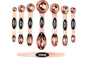 PEDAS PEDIS LIMITED Magnetic Measuring Spoons Set of 8 | Stainless Steel Dual Sided Measure Kitchen Teaspoons and Tablespoon with Leveller | Weighing Dry and Liquid Ingredients for Cooking, Baking (Rose Gold)