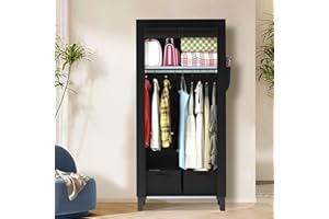 LOEFME Canvas Wardrobe 172 * 130 * 45cm, for Bedroom, New Base Design Wardrobes with 2 Hanging Rails and 18 Side Bags, Fabric Closet, Cheap Folding Wardrobe (Black)